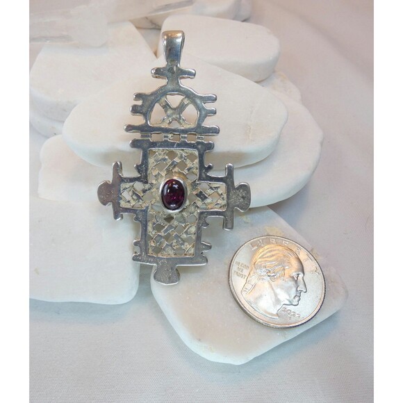 Sterling Silver 925 Garnet Ethiopian Orthodox Coptic Christian Cross Pendant 24g - Picture 4 of 6